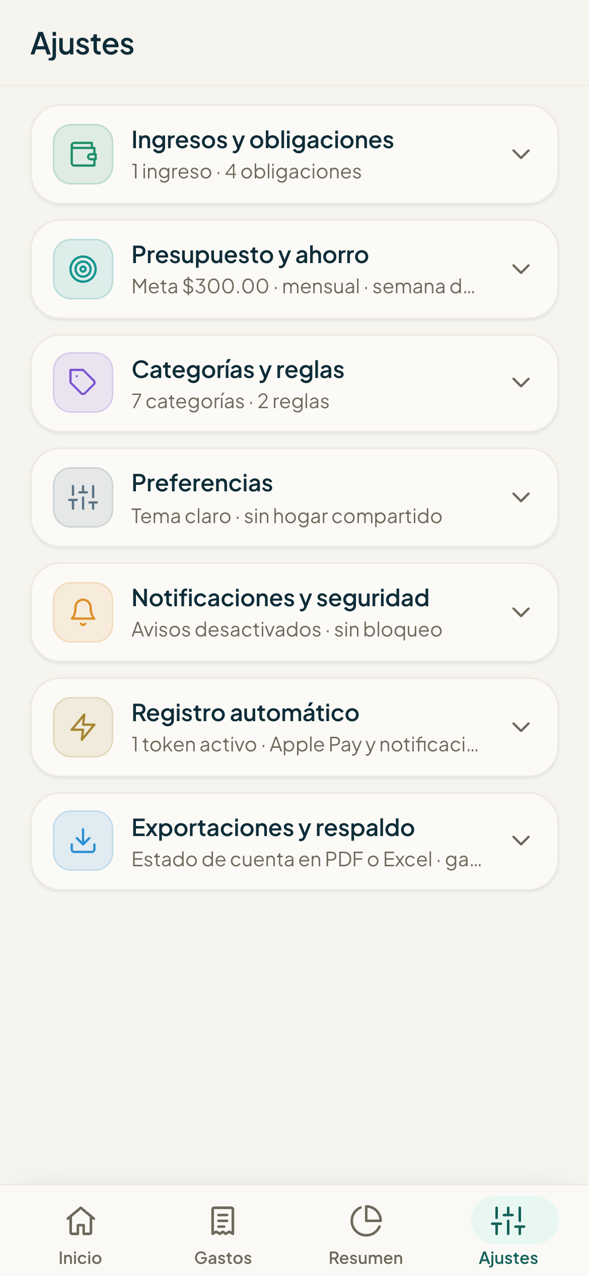 Pantalla de Ajustes de Monuvia en el teléfono