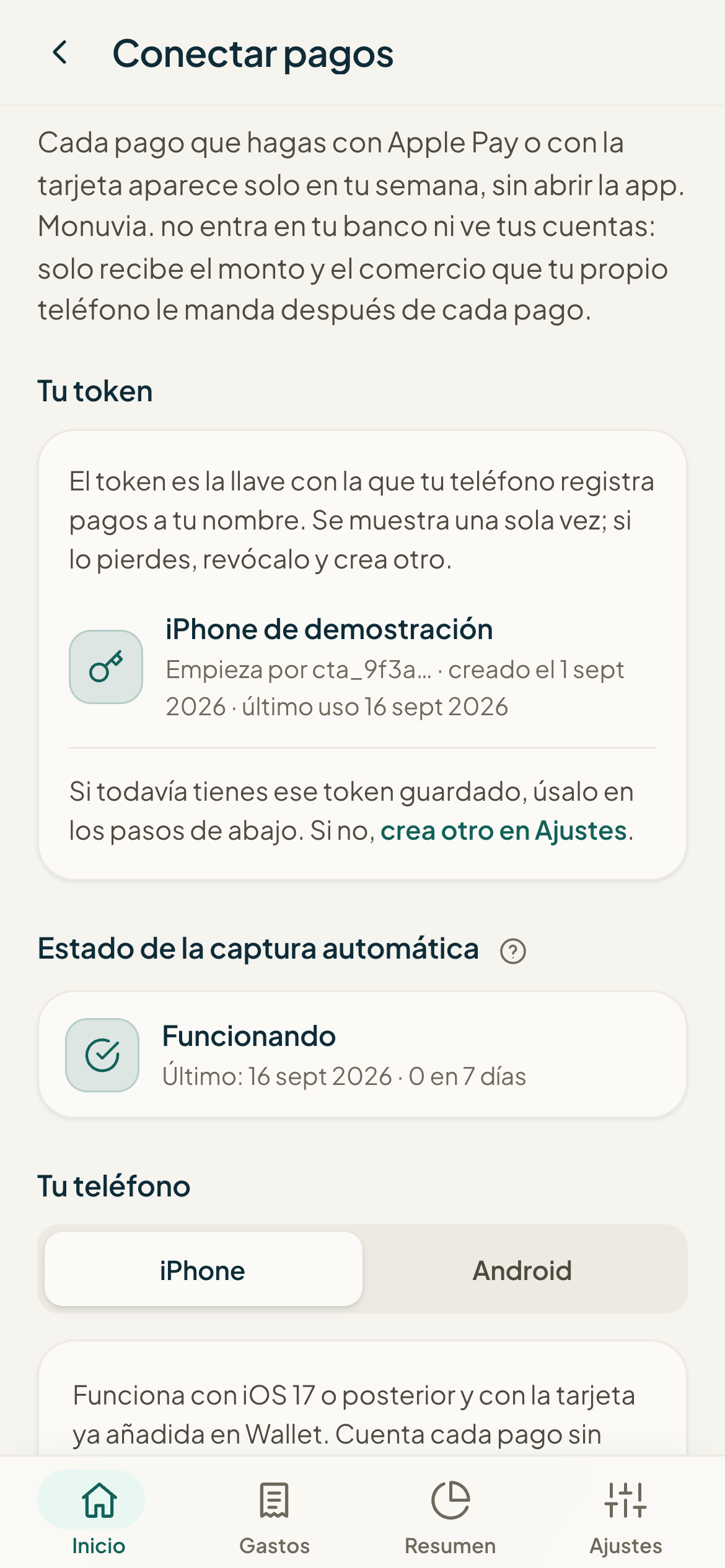 Pantalla para conectar el registro automático de pagos (tema claro)