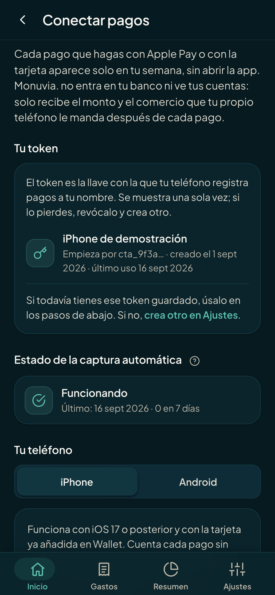Pantalla para conectar el registro automático de pagos (tema oscuro)