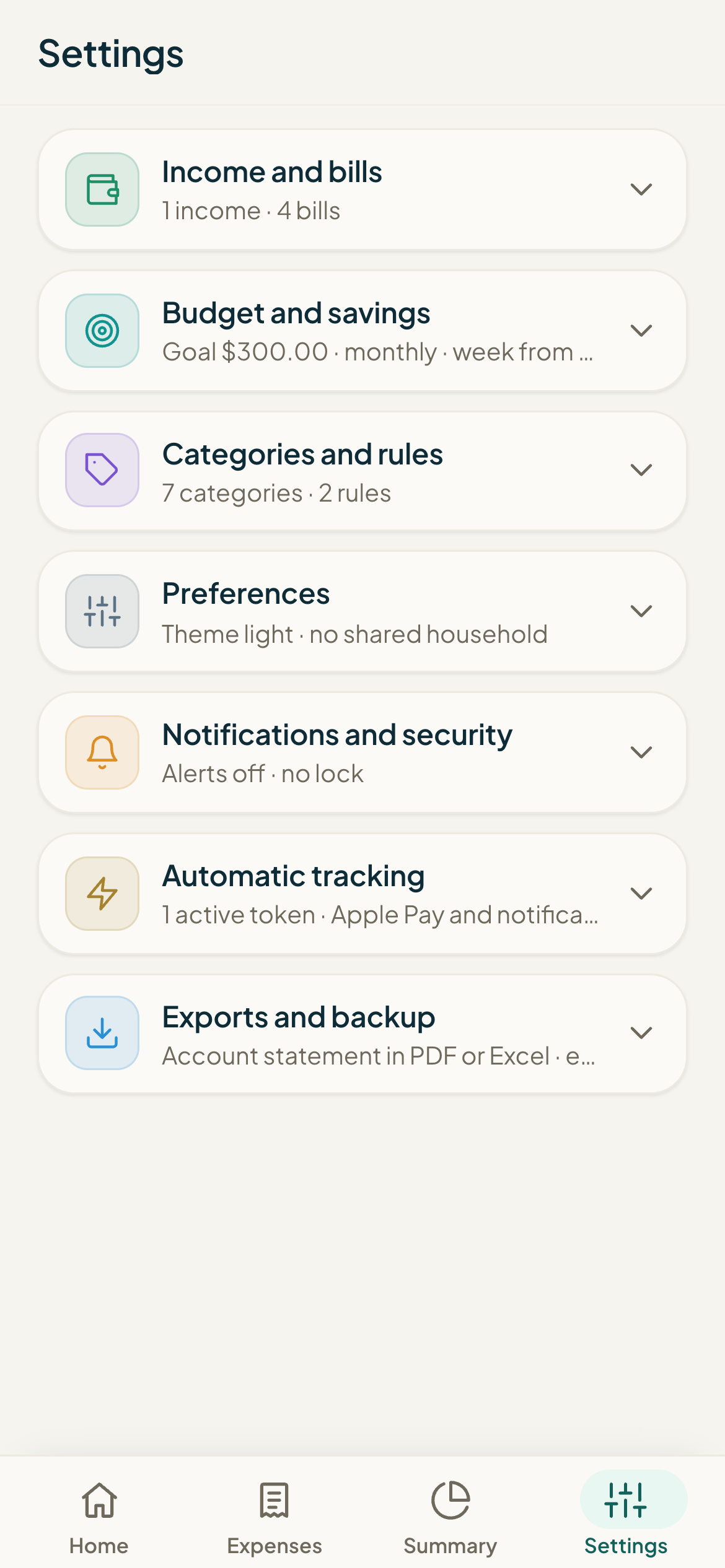 The Monuvia Settings screen
