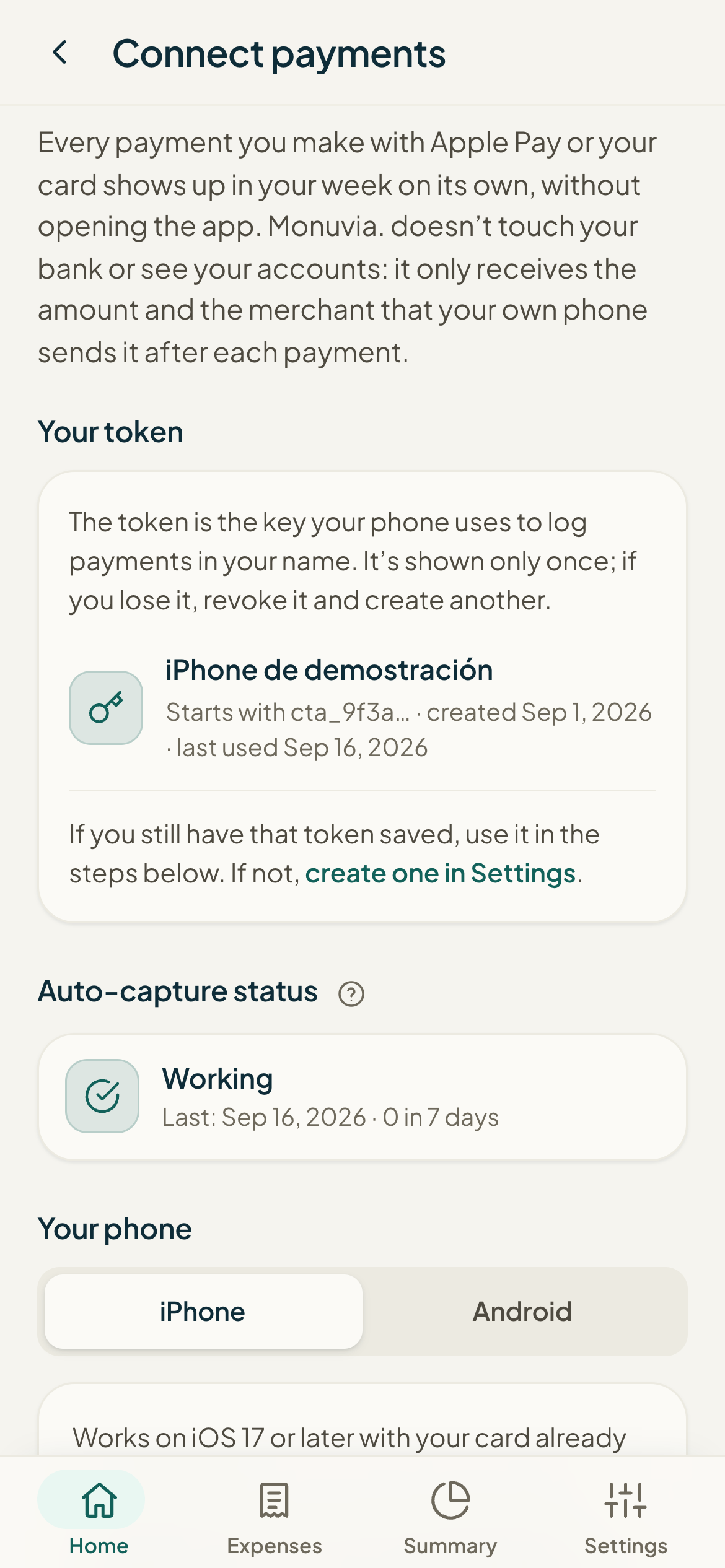 The Connect payments screen with the token and the automatic capture status