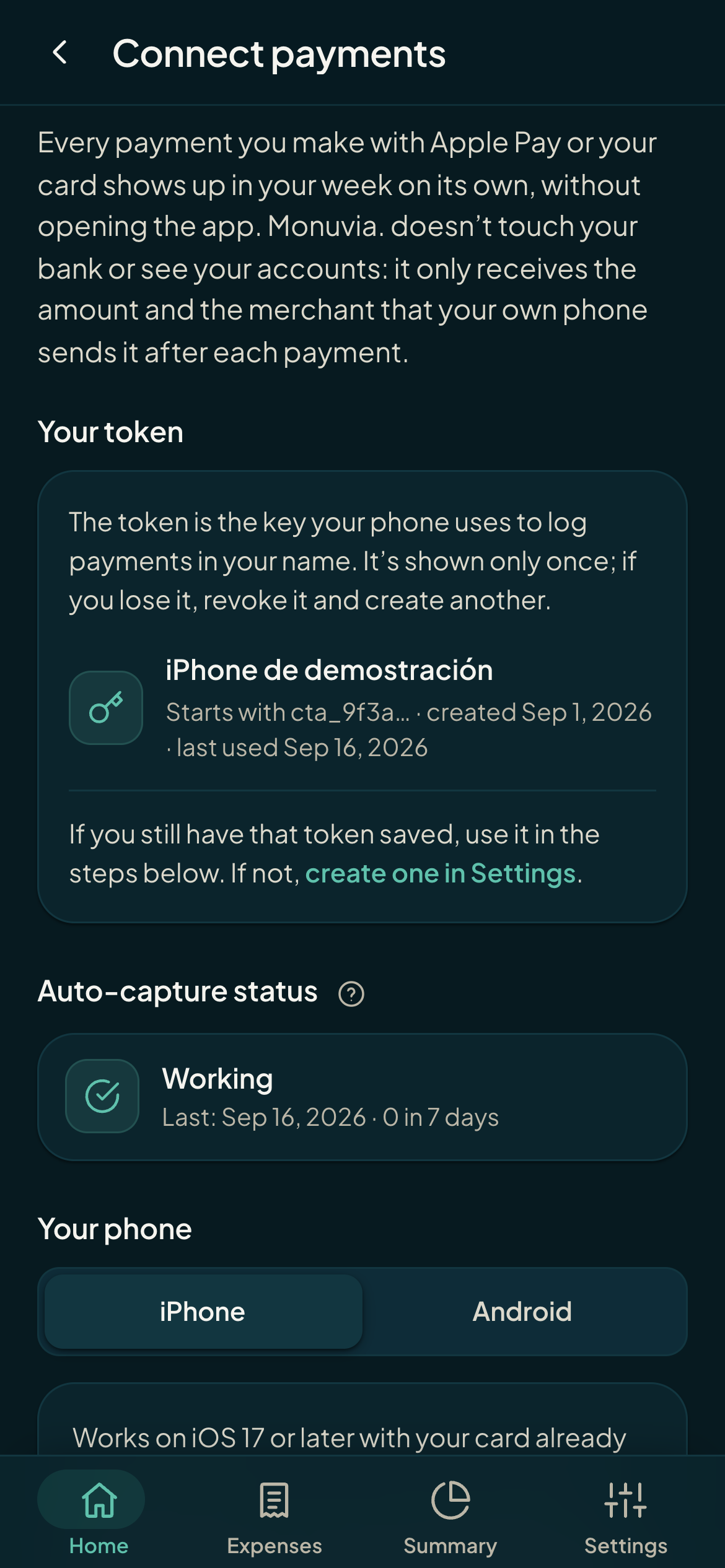 Screen to connect automatic payment capture (dark theme)