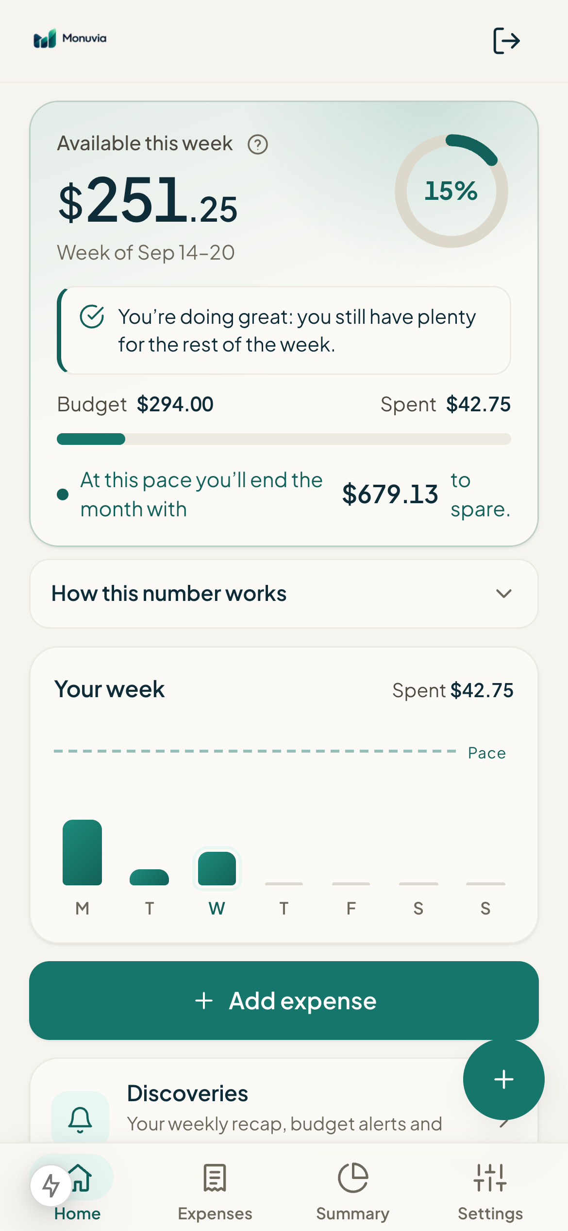 Monuvia home screen showing your available this week