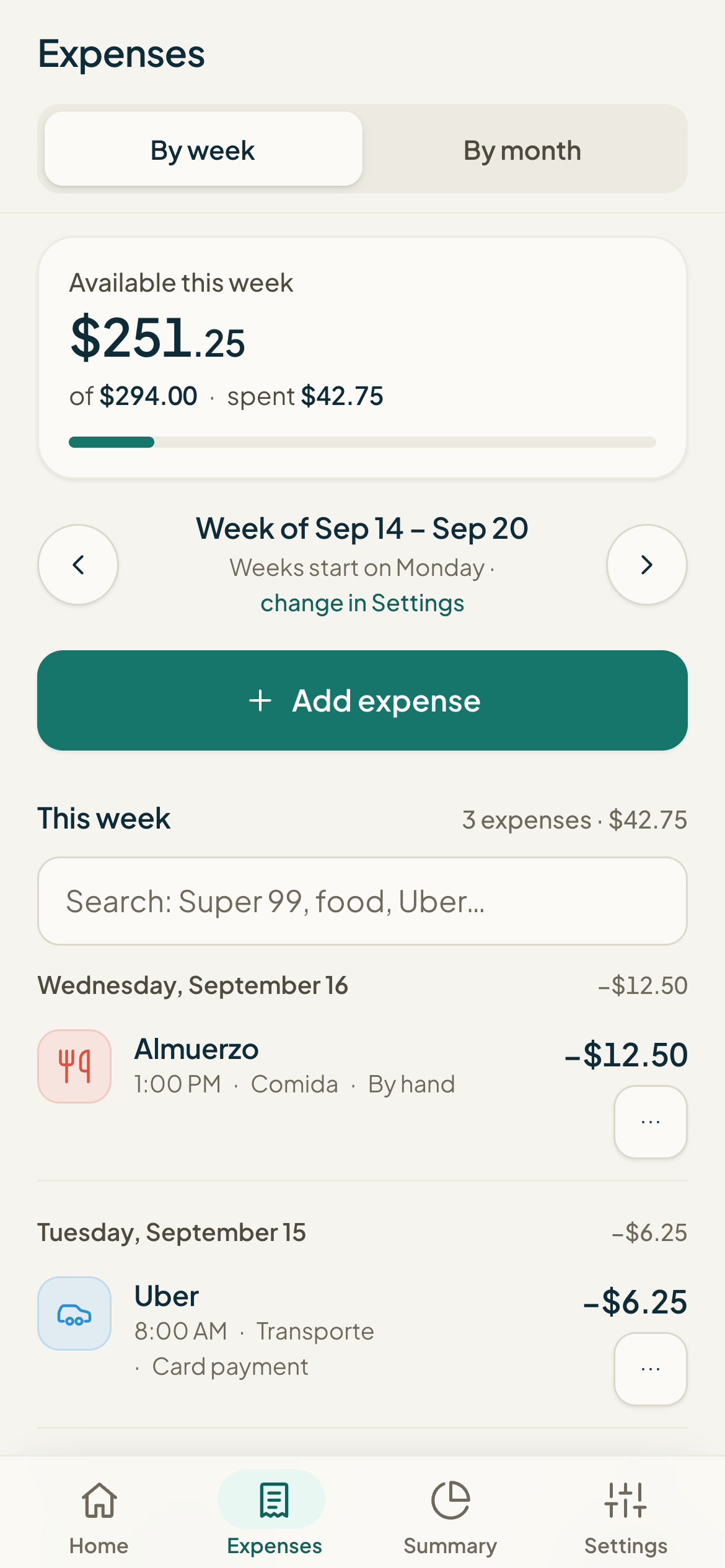 Monuvia movements screen showing the list of expenses by category