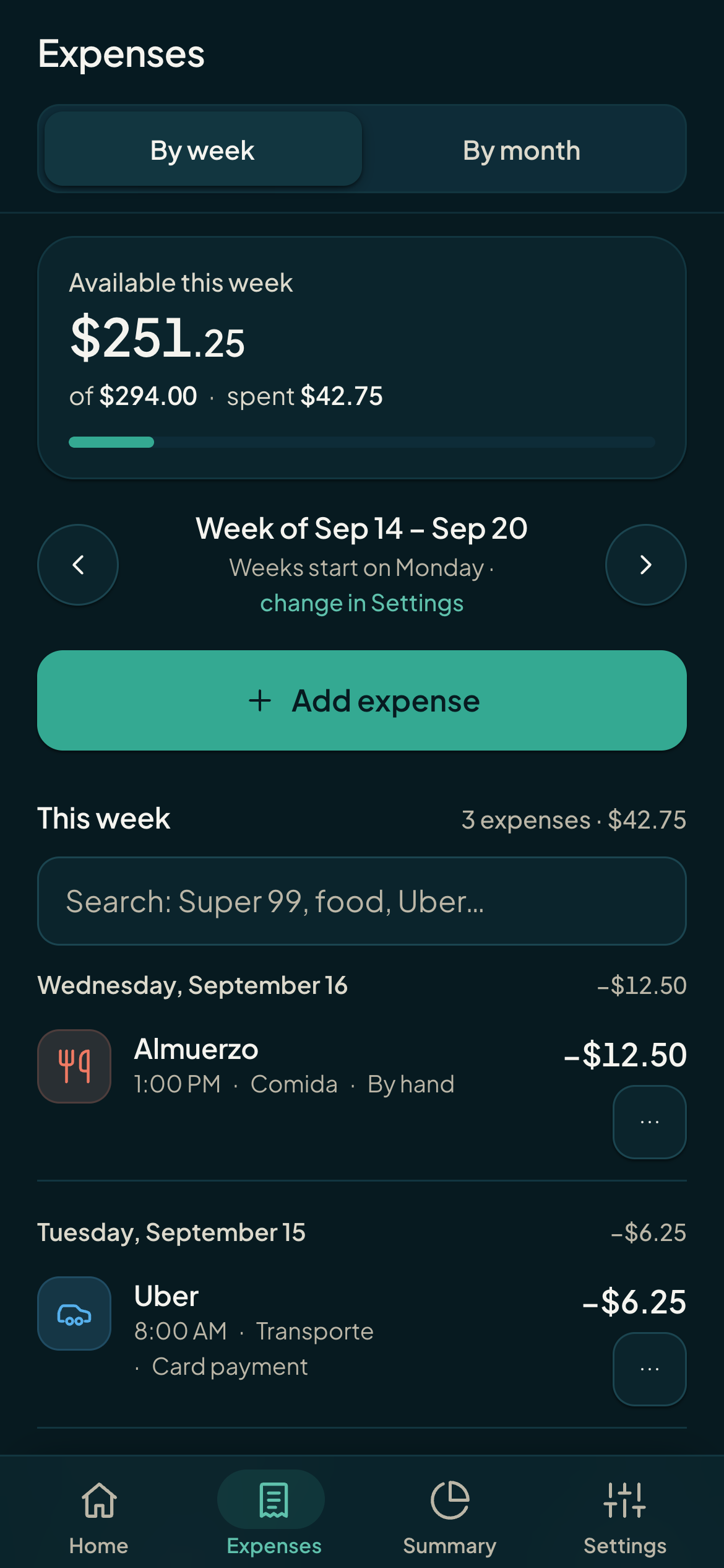 Monuvia movements screen showing the list of expenses by category