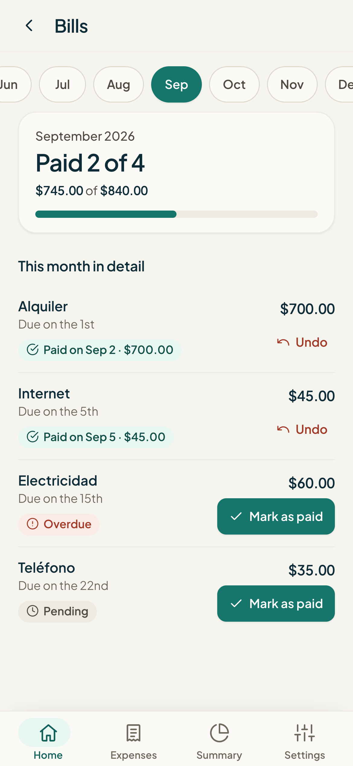 Monuvia bills screen showing the month’s fixed payments