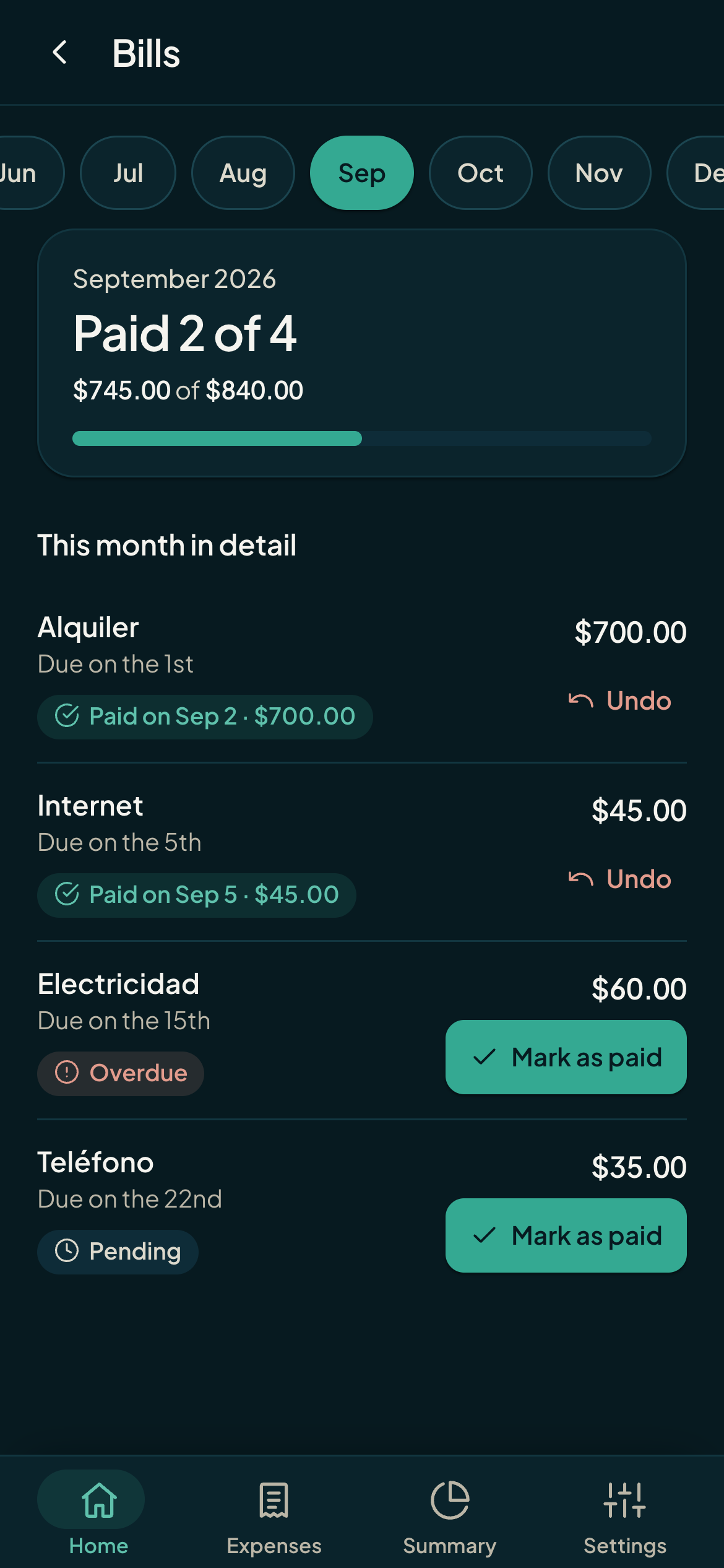 Monuvia bills screen showing the month’s fixed payments