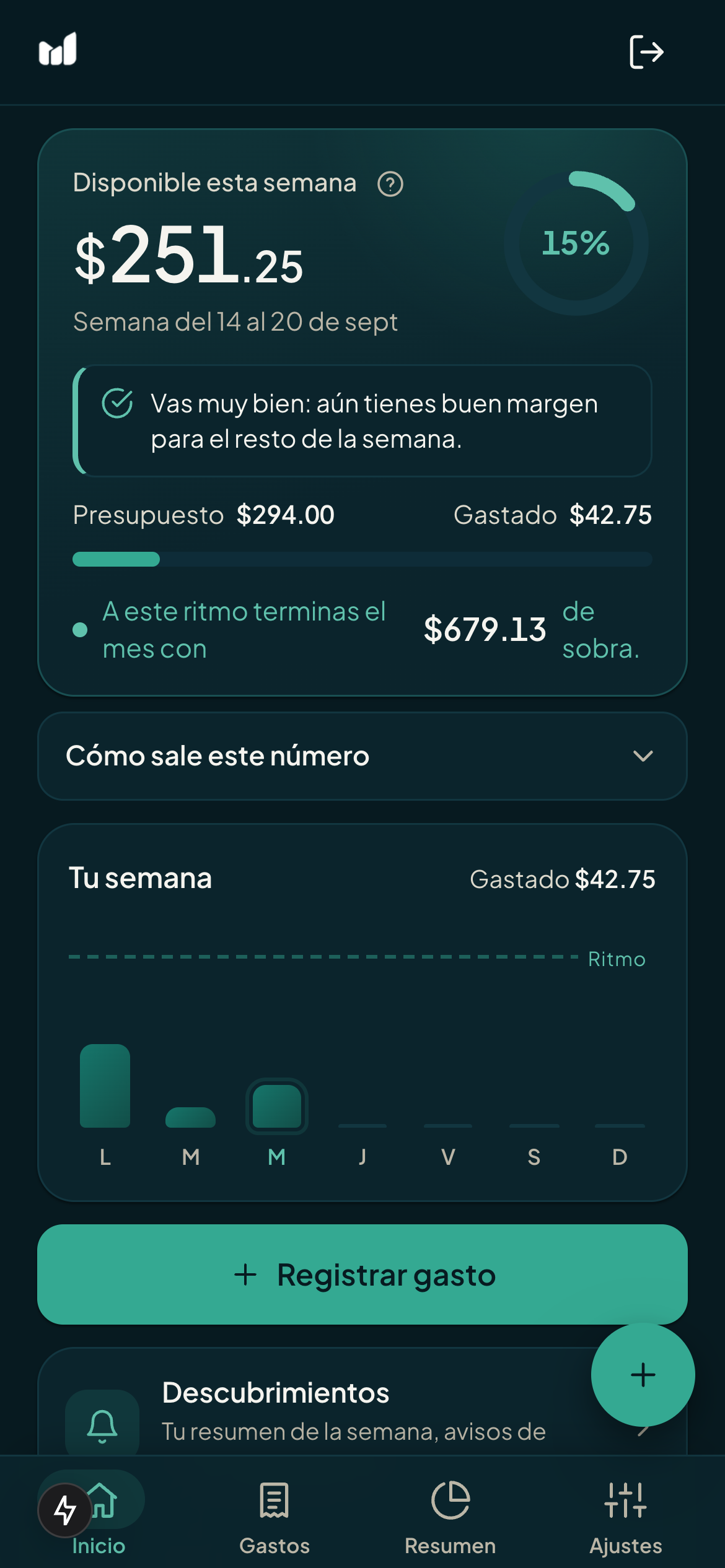 Pantalla de inicio de Monuvia con el disponible de la semana