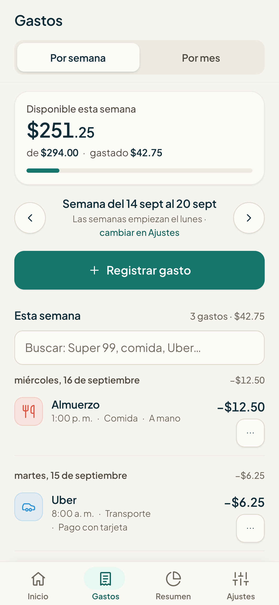 Pantalla de movimientos de Monuvia con la lista de gastos por categoría