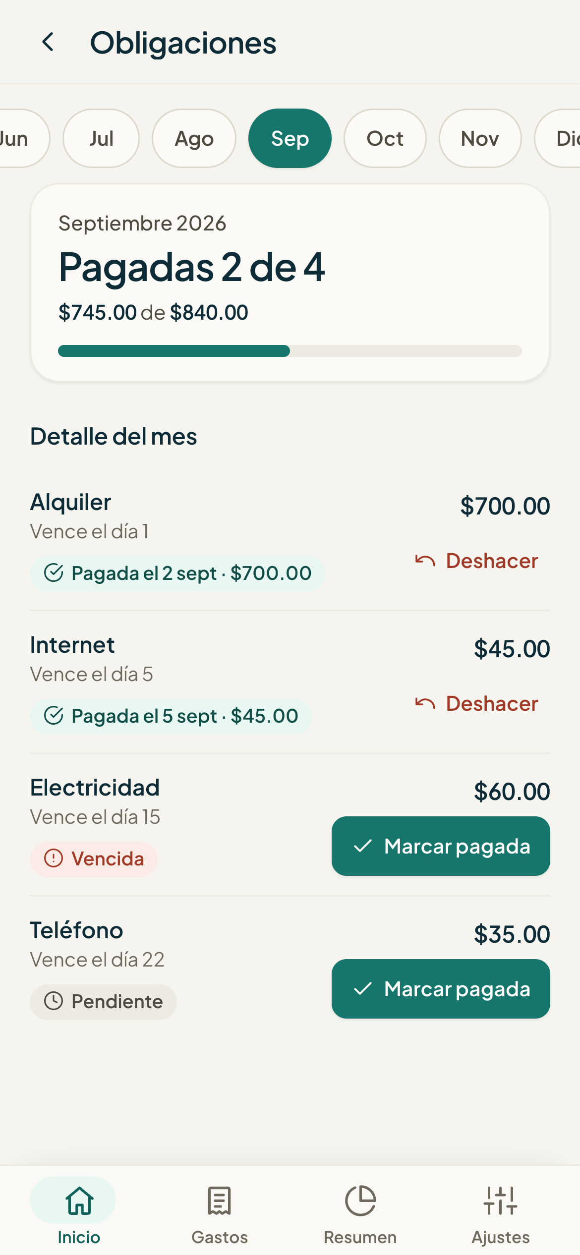 Pantalla de obligaciones de Monuvia con los pagos fijos del mes